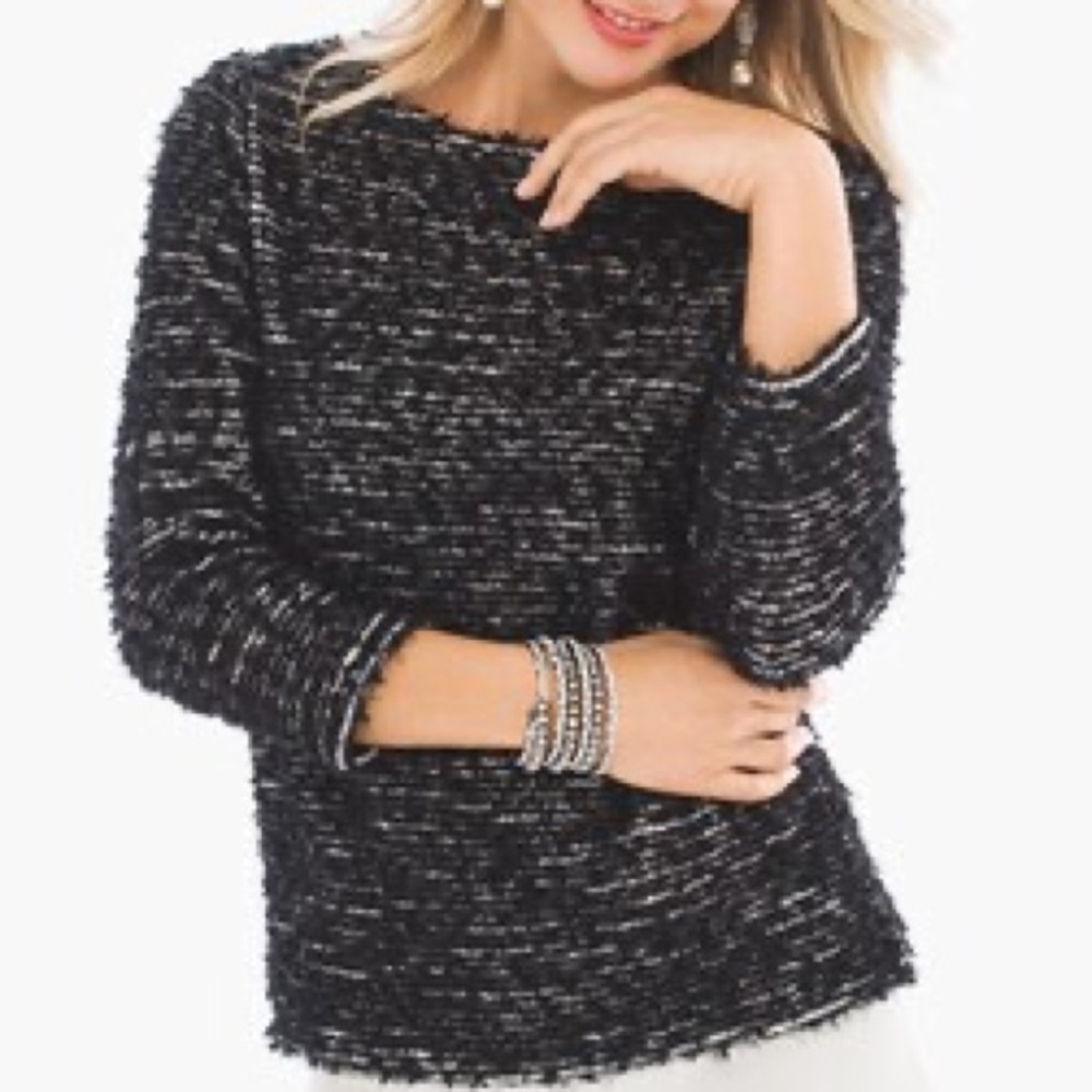Chico’s black and ecru textured stretch 3/4 sleeve scoop neck tunic top